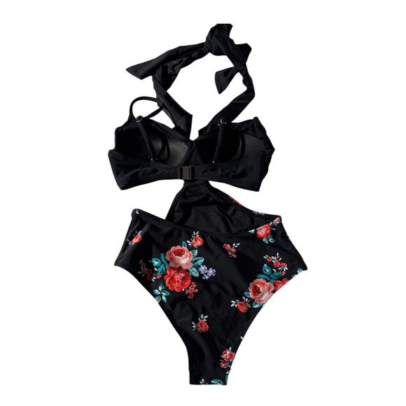 Cupshe floral wrap cutout one piece bathing suit swimsuit black size X-Small XS - Picture 4 of 8